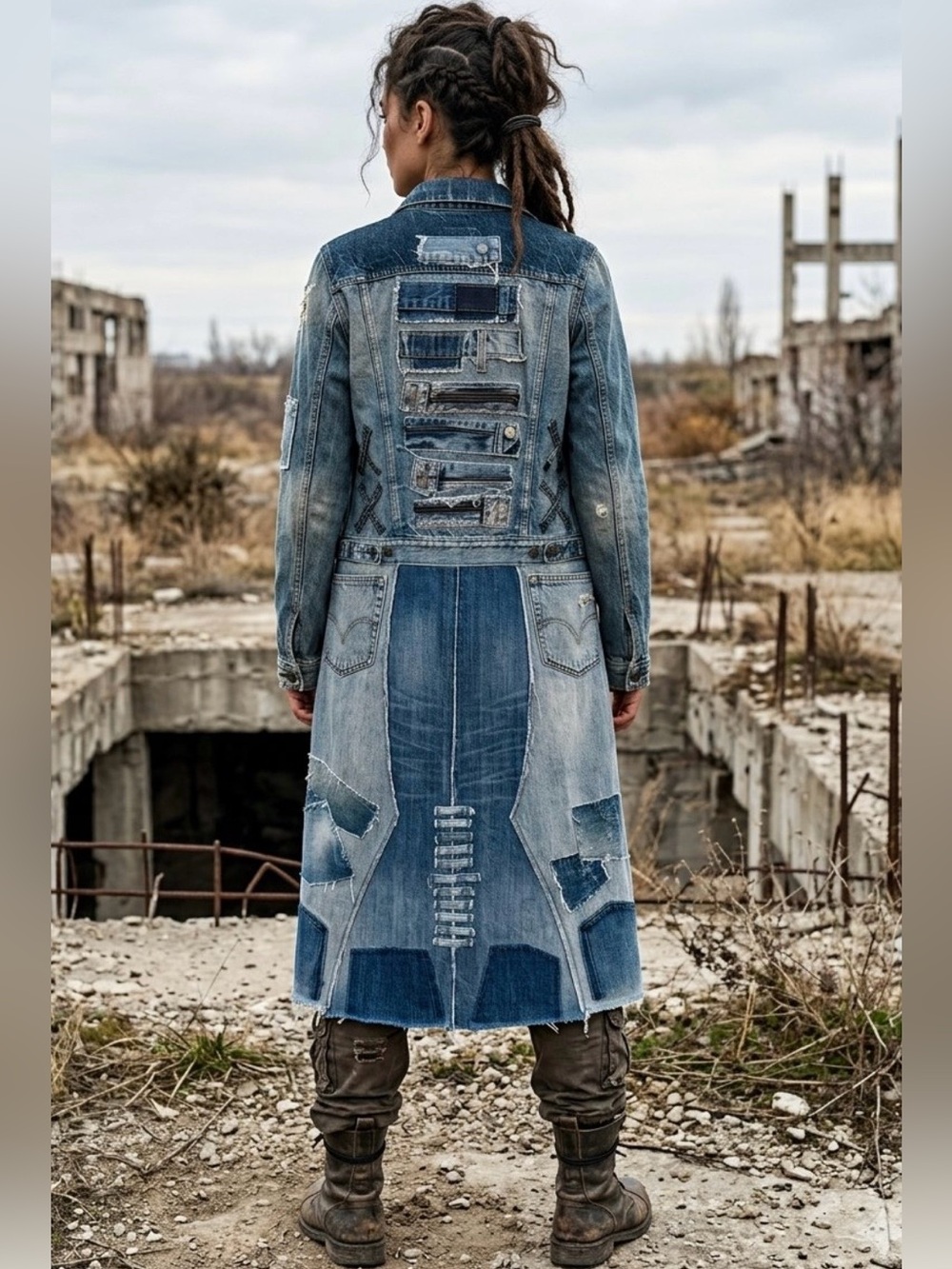Upcycled patched distressed post apocalyptic zombie apocalypse denim jean duster